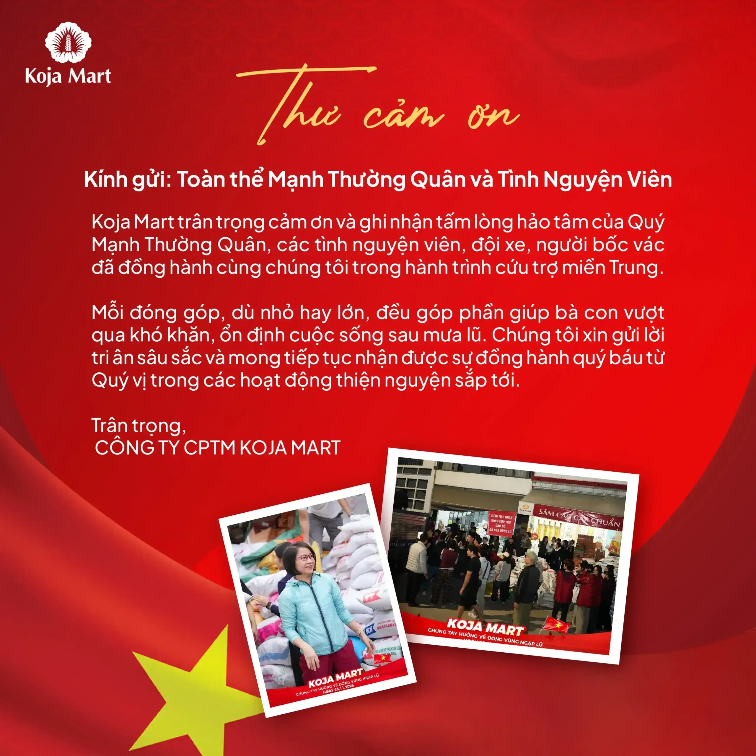 THƯ CẢM ƠN – KOJA MART CẢM ƠN MẠNH THƯỜNG QUÂN & CỘNG ĐỒNG ĐỒNG HÀNH CỨU TRỢ MIỀN TRUNG